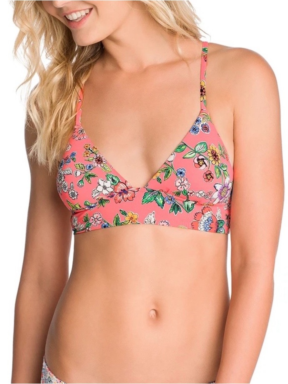 Vera Bradley Reversible Aspen Floral V-Neck Bikini Top Coral Pink tassels small